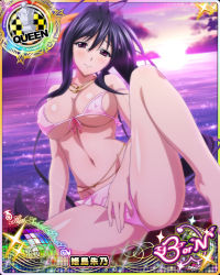 Rule 34 | 1girl, barefoot, beach, bikini, black hair, blush, breasts, card (medium), character name, chess piece, closed mouth, covered erect nipples, hair ribbon, high school dxd, high school dxd born, himejima akeno, jewelry, large breasts, long hair, looking at viewer, navel, necklace, ocean, official art, pink bikini, ponytail, purple eyes, queen (chess), ribbon, smile, solo, stomach, sunset, swimsuit, trading card, very long hair, water