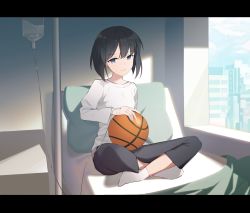 Rule 34 | 1girl, ajahweea, bad id, bad pixiv id, ball, basketball, basketball (object), black hair, black pants, blue eyes, commentary, crossed legs, day, english commentary, highres, indoors, intravenous drip, letterboxed, long sleeves, no shoes, on bed, original, pants, pillow, shirt, short hair, sitting, socks, solo, white shirt, white socks