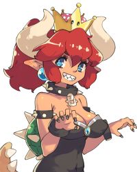 Rule 34 | 1girl, :d, black dress, black nails, blue eyes, bowsette, bracelet, breasts, cleavage, collar, commentary, covered navel, crown, dress, earrings, english commentary, fingernails, grin, hands up, highres, horns, jewelry, large breasts, lizard tail, mario (series), nail polish, new super mario bros. u deluxe, nintendo, open mouth, pointy ears, ponytail, red hair, sharp teeth, simple background, smile, solo, spiked bracelet, spiked collar, spikes, super crown, tail, teeth, vins-mousseux, white background