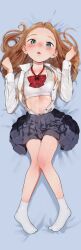 Rule 34 | 1girl, blue eyes, blush, bow, bowtie, bra, breasts, collared shirt, commentary request, dakimakura (medium), full body, grey skirt, haguhagu (rinjuu circus), highres, light brown hair, long hair, loose bowtie, lying, navel, on back, open clothes, open mouth, open shirt, original, pleated skirt, red bow, red bowtie, sasha (haguhagu), shirt, skirt, small breasts, socks, solo, sports bra, underwear, veins, white shirt, white socks