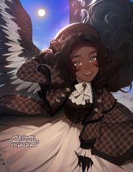 Rule 34 | 1girl, :d, bird wings, black gloves, black hair, blue sky, blush, brown jacket, checkered clothes, checkered jacket, commission, copyright request, dark-skinned female, dark skin, day, feathered wings, gloves, hand up, highres, jacket, lavelis, long hair, long sleeves, looking at viewer, male focus, open mouth, outdoors, skirt, sky, smile, solo, sun, white skirt, wings, yellow eyes