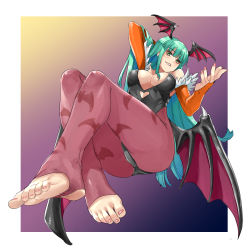 Rule 34 | 1girl, animal print, arms behind back, ass, bare shoulders, barefoot, bat print, bat wings, border, breasts, cleavage, clothing cutout, demon girl, detached sleeves, eiji (eiji), feather trim, feet, foot focus, foreshortening, greek toe, green eyes, green hair, hand in own hair, head wings, heart cutout, highres, large breasts, leggings, leotard, long hair, morrigan aensland, multicolored background, pantyhose, print pantyhose, smile, soles, solo, thighs, toes, vampire (game), white background, white border, wings