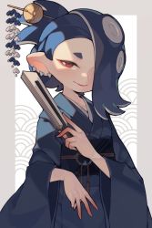 Rule 34 | 1girl, absurdres, blue kimono, blue sash, breasts, closed mouth, commentary request, hand fan, head tilt, highres, holding, holding fan, japanese clothes, kimono, long sleeves, nintendo, obi, octoling, one eye covered, pointy ears, prat rat, red eyes, sash, seigaiha, shiver (splatoon), small breasts, smile, splatoon (series), splatoon 3, upper body, wide sleeves