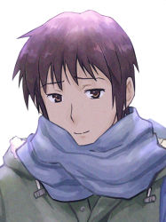 Rule 34 | 1boy, blue scarf, brown eyes, brown hair, closed mouth, coat, commentary request, green coat, ishiyuki, kita high school uniform, kyon, looking at viewer, male focus, scarf, school uniform, short hair, simple background, smile, solo, suzumiya haruhi no shoushitsu, suzumiya haruhi no yuuutsu, upper body, white background
