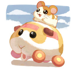 Rule 34 | :3, animal focus, black eyes, blue sky, brown eyes, cloud, commentary request, crossover, full body, guinea pig, hamster, hamtaro, hamtaro (series), molcar, motor vehicle, no humans, open mouth, outdoors, potato (pui pui molcar), pui pui molcar, riding, riding animal, sky, smile, tokumaro