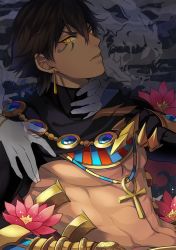 Rule 34 | 1boy, abs, black hair, dark-skinned male, dark skin, earrings, egyptian, egyptian clothes, fate/grand order, fate/prototype, fate (series), flower, gloves, hands on another&#039;s neck, head tilt, highres, jewelry, long sleeves, looking at viewer, male focus, open mouth, ozymandias (fate), pectorals, saka nagiya, solo, yellow eyes