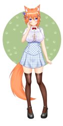 Rule 34 | 1girl, absurdres, animal ears, bad id, bad pixiv id, black footwear, blue skirt, blush, bow, bowtie, breasts, brown thighhighs, bursting breasts, button gap, collared shirt, fox ears, fox tail, full body, hair ornament, hand on own cheek, hand on own face, high-waist skirt, highres, keshigomu, large breasts, long hair, looking at viewer, no bra, one side up, orange hair, original, plaid, plaid skirt, pom pom (clothes), purple eyes, red bow, shirt, short hair, short sleeves, skirt, smile, solo, standing, suspender skirt, suspenders, tail, thighhighs, white shirt, x hair ornament, zettai ryouiki