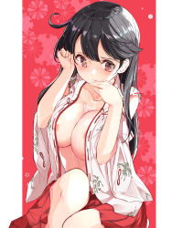 Rule 34 | 1girl, absurdres, ahoge, alternate costume, black hair, blush, breasts, brown eyes, bust cup, cleavage, cum, cum on body, cum on breasts, cum on upper body, tucking hair, hamaken. (novelize), highres, kantai collection, large breasts, long hair, looking at viewer, no bra, open clothes, solo, suggestive fluid, tongue, tongue out, ushio (kancolle)