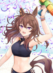 Rule 34 | 1girl, absurdres, ahoge, animal ears, arm strap, arm up, armpits, beach, bead bracelet, beads, bikini, black bikini, bracelet, breasts, commentary request, ear ornament, highres, holding, holding water gun, horse ears, horse girl, horse tail, jewelry, long hair, looking at viewer, medium breasts, midriff, nakayama festa (entrust myself to the dice) (umamusume), nakayama festa (umamusume), navel, ocean, official alternate costume, official alternate hairstyle, open mouth, outdoors, partial commentary, pitsugi, purple eyes, sand, smile, solo, swimsuit, tail, umamusume, upper body, water, water gun