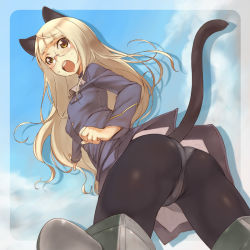 Rule 34 | 1girl, animal ears, ass, blonde hair, blush, cat ears, cat tail, from below, glasses, long hair, looking back, open mouth, panties, panties under pantyhose, pantyhose, perrine h. clostermann, sky, solo, strike witches, striker unit, tail, thighs, underwear, uniform, utu (wakon), world witches series, yellow eyes