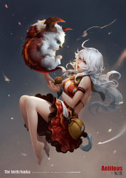 Rule 34 | 1girl, animal, antilous, aqua eyes, armlet, backless dress, backless outfit, bag, bare legs, barefoot, bracelet, chinese clothes, dress, floating, frilled dress, frills, jewelry, long hair, necklace, original, red dress, satchel, wavy hair, white hair