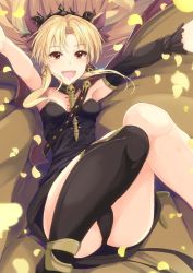 Rule 34 | 1girl, :d, armpits, asymmetrical legwear, asymmetrical sleeves, black panties, black sleeves, black thighhighs, blonde hair, bow, breasts, cleavage, detached sleeves, diadem, ereshkigal (fate), fate/grand order, fate (series), floating hair, hair between eyes, hair bow, hair intakes, highres, k3rd, long hair, long sleeves, open mouth, outstretched arms, panties, red bow, red eyes, single thighhigh, small breasts, smile, solo, strapless, thighhighs, underwear, uneven legwear, uneven sleeves