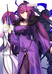 Rule 34 | 1boy, 2girls, armor, arondight (fate), bare shoulders, berserker (fate/zero), breasts, cleavage, closed mouth, detached collar, dress, dual persona, fate/grand order, fate/zero, fate (series), full armor, fur-trimmed dress, fur trim, hair between eyes, hair ribbon, highres, large breasts, long hair, looking at viewer, multiple girls, purple dress, purple hair, purple ribbon, red eyes, ribbon, scathach (fate), scathach skadi (fate), scathach skadi (third ascension) (fate), shigure s, simple background, sword, tiara, wand, weapon, white background, wide sleeves