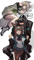 Rule 34 | 2girls, amiya (arknights), androgynous, arknights, ascot, black pants, black pantyhose, blue ascot, blue collar, blue hair, blue skirt, breasts, brown eyes, brown hair, chair, collar, doctor (arknights), dress, grabbing another&#039;s ear, green dress, green eyes, grey hair, hand on another&#039;s ear, highres, hood, hood up, hooded jacket, jacket, jewelry, kal&#039;tsit (arknights), lying, multiple girls, multiple rings, on side, open mouth, panties, pants, pantyhose, plaid, plaid skirt, ring, shirt, skirt, small breasts, teeth, thighs, tonyblue2, underwear, upper teeth only, white panties, white shirt