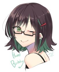 Rule 34 | 1girl, black hair, borrowed character, colored inner hair, commentary, english commentary, from side, green eyes, hair behind ear, hair ornament, hairclip, happy birthday, highres, isuka, kukie-nyan (character), looking back, multicolored hair, original, short hair, signature, smile, solo