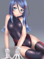 Rule 34 | 1girl, :/, bare arms, bare shoulders, blue eyes, blue hair, blush, breasts, closed mouth, competition swimsuit, gloves, gradient background, grey background, hair between eyes, hair ornament, hairclip, highleg, highleg swimsuit, highres, long hair, looking at viewer, medium breasts, one-piece swimsuit, original, paravene, revision, shiny clothes, sitting, skin tight, skindentation, solo, swimsuit, thighhighs, tsubame (paravene), white gloves