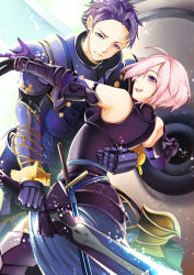 Rule 34 | 1boy, 1girl, annojou haruto, armor, armored dress, arondight (fate), bare shoulders, commentary request, elbow gloves, fate/grand order, fate (series), father and daughter, gauntlets, gloves, hair over one eye, highres, holding, holding sword, holding weapon, lancelot (fate/grand order), mash kyrielight, open mouth, purple eyes, purple gloves, purple hair, purple legwear, short hair, smile, sword, weapon