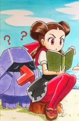 Rule 34 | 1girl, ?, ??, book, bow, brown footwear, brown hair, creatures (company), day, game freak, gen 3 pokemon, grey skirt, gym leader, hair bow, hair pulled back, highres, holding, holding book, long hair, looking at viewer, nintendo, nosepass, outdoors, pantyhose, pink bow, pink pantyhose, pokemon, pokemon (creature), pokemon oras, reading, red eyes, roxanne (pokemon), shoes, short sleeves, sitting, skirt, speedy (pkh), twintails