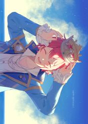 Rule 34 | 1boy, arms up, closed eyes, cloud, commentary, crown, ensemble stars!, facing viewer, happy birthday, highres, jewelry, kurokkan, long sleeves, male focus, necklace, open mouth, outdoors, red hair, short hair, smile, solo, suou tsukasa, upper body