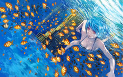 Rule 34 | 1girl, air bubble, barefoot, bikini, blue hair, bubble, blowing bubbles, canking, collarbone, dutch angle, fish, highres, lips, looking away, orange eyes, original, red eyes, short hair, solo, striped bikini, striped clothes, swept bangs, swimming, swimsuit, underwater