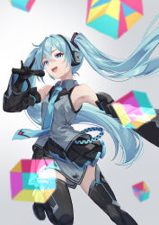 Rule 34 | 1girl, :d, absurdres, alaya0130, armpits, black footwear, black gloves, black skirt, black sleeves, blue eyes, blue hair, blue necktie, boots, collared shirt, detached sleeves, floating hair, gloves, grey background, grey shirt, hair between eyes, hatsune miku, headphones, highres, holding, holding microphone, leg up, long hair, long sleeves, microphone, miniskirt, music, necktie, open mouth, pleated skirt, shirt, singing, skirt, sleeveless, sleeveless shirt, smile, solo, thigh boots, thighhighs, twintails, very long hair, vocaloid, wing collar, zettai ryouiki