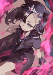 Rule 34 | 1girl, black dress, black gloves, black hair, closed mouth, commentary request, creatures (company), dress, eyelashes, fingerless gloves, fire, galarian form, galarian moltres, game freak, gen 8 pokemon, gloves, green eyes, hand up, highres, legendary pokemon, marnie (champion) (pokemon), marnie (pokemon), nintendo, official alternate costume, pink fire, pokemon, pokemon (creature), pokemon masters ex, smile, tiara, twintails, tyaui (xjju4435)