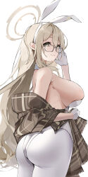 Rule 34 | 1girl, absurdres, akane (blue archive), akane (bunny) (blue archive), animal ears, ass, black-framed eyewear, blue archive, breasts, brown shawl, detached collar, fake animal ears, fangwan, glasses, gloves, highres, holding shawl, huge ass, large breasts, leotard, light brown hair, long hair, looking at viewer, looking to the side, official alternate costume, pantyhose, playboy bunny, rabbit ears, rectangular eyewear, shawl, sideboob, simple background, skindentation, smile, solo, strapless, strapless leotard, very long hair, white gloves, white leotard, white pantyhose