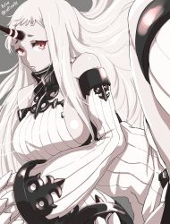 Rule 34 | 10s, 1girl, abyssal ship, bare shoulders, breasts, claws, dated, detached sleeves, dress, highres, horns, infinote, kantai collection, large breasts, long hair, looking at viewer, pale skin, red eyes, ribbed dress, seaport princess, sideboob, single horn, solo, twitter username, very long hair, white hair