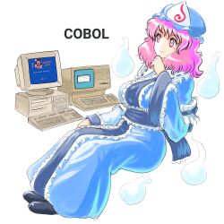 Rule 34 | 1girl, black footwear, blue hat, blue kimono, breasts, center frills, closed mouth, cobol, commentary, computer, crt, english commentary, frilled kimono, frilled shirt collar, frilled sleeves, frills, full body, grand dad, hat, highres, hitodama, japanese clothes, keyboard (computer), kimono, large breasts, long sleeves, medium hair, mob cap, monitor, pink eyes, pink hair, profitshame, saigyouji yuyuko, simple background, smile, solo, touhou, triangular headpiece, white background, wide sleeves