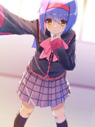 Rule 34 | 1girl, akayama yukihe, arm up, backlighting, black jacket, black socks, blunt ends, blurry, blurry background, blush, bob cut, bow, commentary, day, eyelashes, eyes visible through hair, feet out of frame, foreshortening, grey skirt, hair between eyes, hairband, hand up, highres, indoors, jacket, kabedon, kabedon on viewer, kneehighs, little busters!, long sleeves, looking at viewer, medium hair, miniskirt, nishizono mio, parted lips, pink bow, plaid, plaid skirt, pleated skirt, pov, red hairband, school uniform, skirt, socks, solo, standing, straight-on, window, yellow eyes
