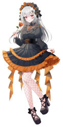 Rule 34 | 1girl, :o, black dress, black footwear, bow, breasts, commentary request, dress, fishnet pantyhose, fishnets, flower, frilled dress, frills, full body, gothic lolita, grey hair, hair between eyes, halloween, high heels, highres, hitotose tanteidan, holding, holding flower, kannagi tenri, lolita fashion, long hair, long sleeves, looking at viewer, myusha, nail polish, official art, orange bow, orange flower, orange nails, orange rose, pantyhose, parted lips, puffy long sleeves, puffy sleeves, red eyes, rose, shoes, simple background, skirt hold, small breasts, solo, standing, standing on one leg, very long hair, virtual youtuber, white background