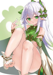 Rule 34 | 1girl, absurdres, armlet, bare shoulders, barefoot, bracelet, breasts, cross-shaped pupils, dress, feet, genshin impact, green dress, green eyes, green nails, hair ornament, highres, jewelry, looking at viewer, musicatopos, nahida (genshin impact), nail polish, pointy ears, ponytail, side ponytail, simple background, sitting, small breasts, soles, solo, symbol-shaped pupils, toenail polish, toenails, toes, white hair