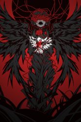 Rule 34 | 1girl, bird, black hair, black wings, blood, blood on face, commentary, english commentary, highres, iralion, open mouth, original, plant, red background, solo, tagme, wings