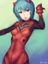 Rule 34 | 1girl, :o, armpits, ayanami rei, blue hair, bodysuit, bracer, breasts, character name, cosplay, cowboy shot, fumio (rsqkr), gloves, gradient background, hair between eyes, hair ornament, hand up, interface headset, looking at viewer, narrow waist, neon genesis evangelion, open mouth, outstretched arm, pilot suit, plugsuit, red eyes, short hair, sketch, small breasts, solo, souryuu asuka langley, souryuu asuka langley (cosplay), turtleneck