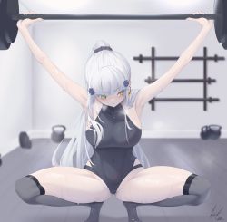 Rule 34 | 1girl, absurdres, alternate hairstyle, armpits, barbell, black leotard, blunt bangs, breasts, commission, covered navel, cross hair ornament, earrings, exercising, girls&#039; frontline, green eyes, grey thighhighs, hair ornament, highleg, highleg leotard, highres, hk416 (girls&#039; frontline), indoors, jewelry, large breasts, leotard, long hair, over-kneehighs, pixiv commission, ponytail, solo, spread legs, squatting, sweat, teardrop facial mark, teardrop tattoo, thighhighs, thighs, weightlifting, weisskaeppchen, white hair