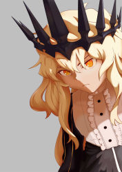 Rule 34 | 1girl, black rock shooter, blonde hair, buttons, chariot (black rock shooter), commentary, crown, dress, grey background, highres, ilwrs, long hair, looking at viewer, shadow, simple background, solo, yellow eyes, yellow stripe