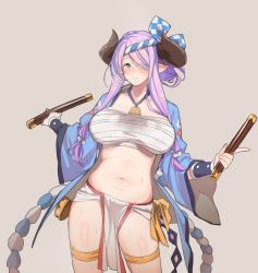 Rule 34 | 10s, 1girl, belly, blue eyes, blush, bow, breasts, closed mouth, collarbone, contrapposto, draph, drum master (granblue fantasy), drumsticks, eyes visible through hair, fingernails, granblue fantasy, grey background, hachimaki, hair bow, hair over one eye, headband, holding, horns, k52, large breasts, light purple hair, loincloth, long hair, long sleeves, looking at viewer, midriff, narmaya (granblue fantasy), nejiri hachimaki, pointy ears, sarashi, shiny clothes, shiny skin, simple background, skindentation, smile, solo, standing, thigh strap, white bow, wide sleeves