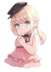 Rule 34 | 1girl, ayuanlv, black bow, black hat, blonde hair, blue eyes, bow, braid, closed mouth, cropped torso, dated, dress, final fantasy, final fantasy xiv, flat cap, hand up, hat, highres, lalafell, layered dress, long hair, looking at viewer, low twintails, pink dress, pleated dress, pointy ears, signature, simple background, sleeveless, sleeveless dress, smile, solo, twintails, warrior of light (ff14), white background
