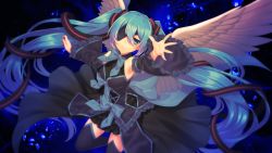 Rule 34 | 1girl, absurdly long hair, arm up, armpits, black skirt, black sleeves, black thighhighs, blue eyes, blue hair, detached sleeves, eyepatch, feathered wings, floating hair, frilled sleeves, frills, hair ribbon, hatsune miku, highres, long hair, long sleeves, looking at viewer, matsuda toki, miniskirt, outstretched arm, outstretched hand, parted lips, ribbon, skirt, solo, striped ribbon, thighhighs, very long hair, vocaloid, white wings, wings, zettai ryouiki