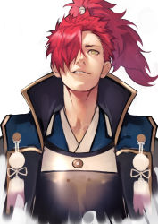 Rule 34 | 1boy, close-up, cropped torso, fate/grand order, fate (series), hair over one eye, high collar, highres, japanese clothes, kimono, koha-ace, long hair, long sleeves, looking up, male focus, manly, mori nagayoshi (fate), ponytail, red hair, sharp teeth, smile, solo, spiked hair, teeth, white background, yellow eyes, yoshio (55level)