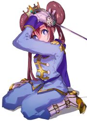 Rule 34 | 1girl, alternate costume, ankea (a-ramo-do), arms up, blue eyes, blue jacket, blue pants, boots, brown hair, creatures (company), crown, double bun, epaulettes, female focus, game freak, gloves, hair bun, holding, holding sword, holding weapon, jacket, long hair, long sleeves, looking to the side, nintendo, own hands together, pants, pokemon, pokemon bw2, rapier, rosa (pokemon), simple background, sitting, solo, sword, twintails, two-handed, uniform, wariza, weapon, white background, white footwear, white gloves