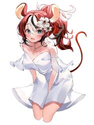 Rule 34 | 1girl, alternate costume, alternate hairstyle, animal ear fluff, animal ears, bare shoulders, black hair, blue eyes, blush, breasts, dress, flower, hair flower, hair ornament, hakos baelz, highres, hololive, hololive english, jewelry, kbnimated, long hair, looking at viewer, medium breasts, mouse ears, mouse girl, mouse tail, multicolored hair, necklace, open mouth, ponytail, red hair, simple background, solo, strapless, strapless dress, streaked hair, tail, virtual youtuber, wedding dress, white background, white dress, white flower, white hair