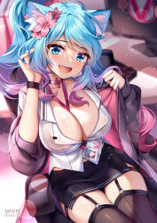 Rule 34 | 1girl, :d, animal ear fluff, animal ears, black choker, black skirt, blue eyes, blue hair, blurry, blush, bra visible through clothes, breasts, cat ears, choker, cleavage, commentary, depth of field, english commentary, fangs, flower, garter straps, gradient hair, grey thighhighs, hair flower, hair ornament, hand in own hair, hands up, head tilt, highres, large breasts, long sleeves, looking at viewer, miniskirt, multicolored hair, open mouth, pink flower, purple hair, shirt, silvervale, skirt, smile, solo, squchan, thighhighs, thighs, virtual youtuber, vshojo, watermark, web address, white shirt, wristband
