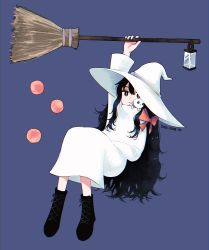 Rule 34 | 1girl, arm up, bad id, bad twitter id, black footwear, black hair, blue background, boots, borrowed character, bow, broom, creature, creature on shoulder, dress, expressionless, food, fruit, full body, gregor (tsurunoka), hair bow, highres, holding, holding broom, invisible chair, kotyainryo666, lead white (tsurunoka), long hair, long sleeves, looking at viewer, on shoulder, original, peach, red bow, simple background, sitting, solo, very long hair, white dress