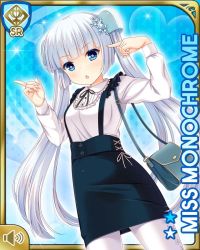 Rule 34 | 1girl, :o, bag, black necktie, blue background, blue eyes, blue skirt, blunt bangs, card (medium), character name, girlfriend (kari), hair ornament, hairclip, handbag, miss monochrome, miss monochrome (character), necktie, official art, open mouth, pointing, pointing to the side, qp:flapper, shirt, sitting, skirt, snowflake hair ornament, solo, tagme, thighhighs, twintails, white footwear, white hair, white shirt