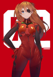 Rule 34 | 10s, 1girl, artist name, artist request, blue eyes, bodysuit, breasts, brown hair, closed mouth, curvy, evangelion: 3.0 you can (not) redo, eyepatch, gloves, hand on own hip, looking at viewer, neon genesis evangelion, pilot suit, plugsuit, rebuild of evangelion, red background, simple background, solo, souryuu asuka langley, standing, turtleneck, twintails