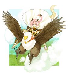 Rule 34 | 1boy, astolfo (fate), black bow, border, bow, cape, claws, cloud, dated, fang, fate/apocrypha, fate (series), fon-due (fonfon), fur-trimmed cape, fur trim, griffon, hair bow, holding, holding weapon, male focus, open mouth, pink eyes, pink hair, riding, skin fang, trap, weapon, white border, white cape, white footwear, yellow eyes