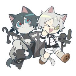 Rule 34 | &gt; o, 2boys, :3, animal ears, arknights, black footwear, black sweater, blue eyes, blue hair, boots, cat boy, cat ears, cat tail, chibi, closed mouth, faust (arknights), green eyes, jacket, mephisto (arknights), multiple boys, one eye closed, open mouth, pants, paw print soles, shorts, simple background, south ac, sweater, tail, white background, white jacket, white pants, white shorts