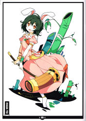 Rule 34 | 1girl, absurdres, animal ears, bamboo, black hair, character name, frills, full body, gathers, hammer, highres, ideolo, inaba tewi, jewelry, pendant, pointing, puffy short sleeves, puffy sleeves, rabbit ears, red eyes, scan, short hair, short sleeves, simple background, skirt, skirt set, smile, socks, solo, tail, touhou, white background, white socks