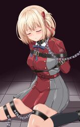 Rule 34 | 1girl, absurdres, bdsm, belt, belt collar, blonde hair, blue bow, blue bowtie, blush, bondage, bound, bound arms, bow, bowtie, chain, chain leash, closed eyes, closed mouth, collar, commentary request, dress, grey dress, hair ribbon, highres, leash, lycoris recoil, lycoris uniform, nishikigi chisato, pleated dress, red belt, red dress, red ribbon, ribbon, rise (rise19851203), scratches, sitting, solo, two-tone dress